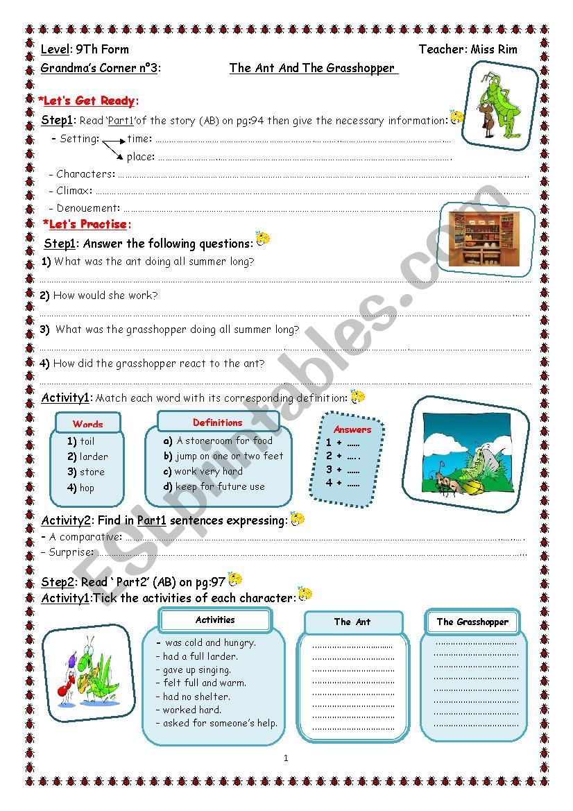The Ant And The Grasshopper worksheet