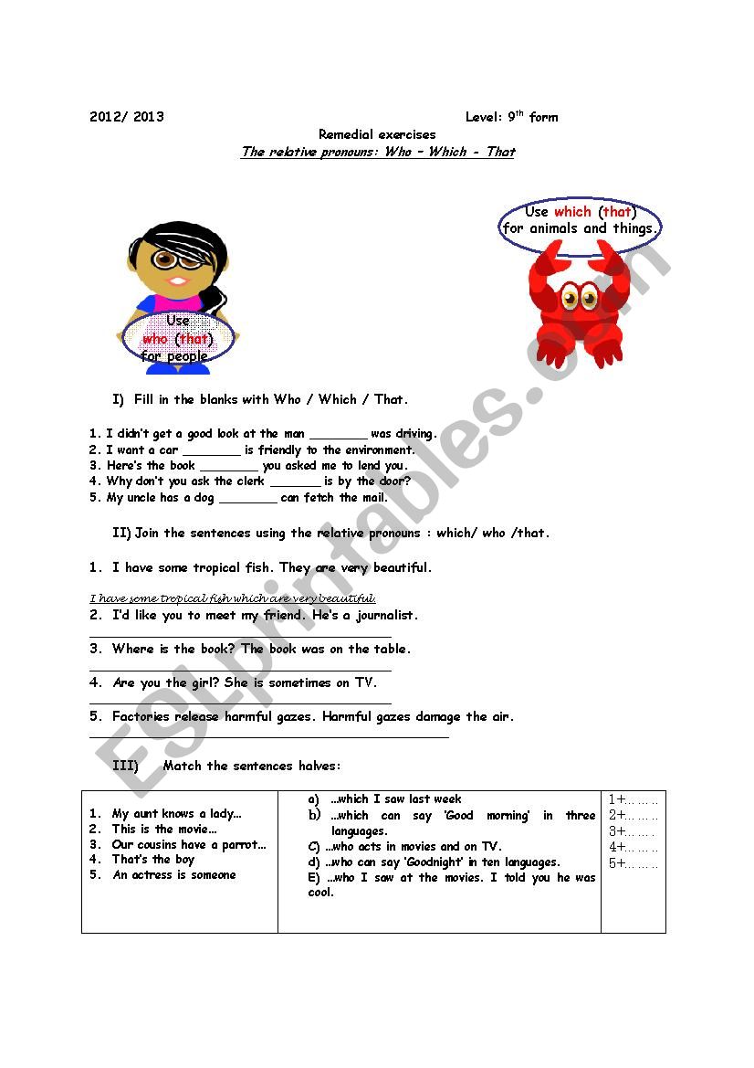 relative pronouns: who/which/that