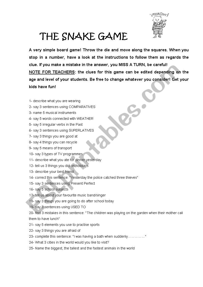 THE SNAKE GAME worksheet