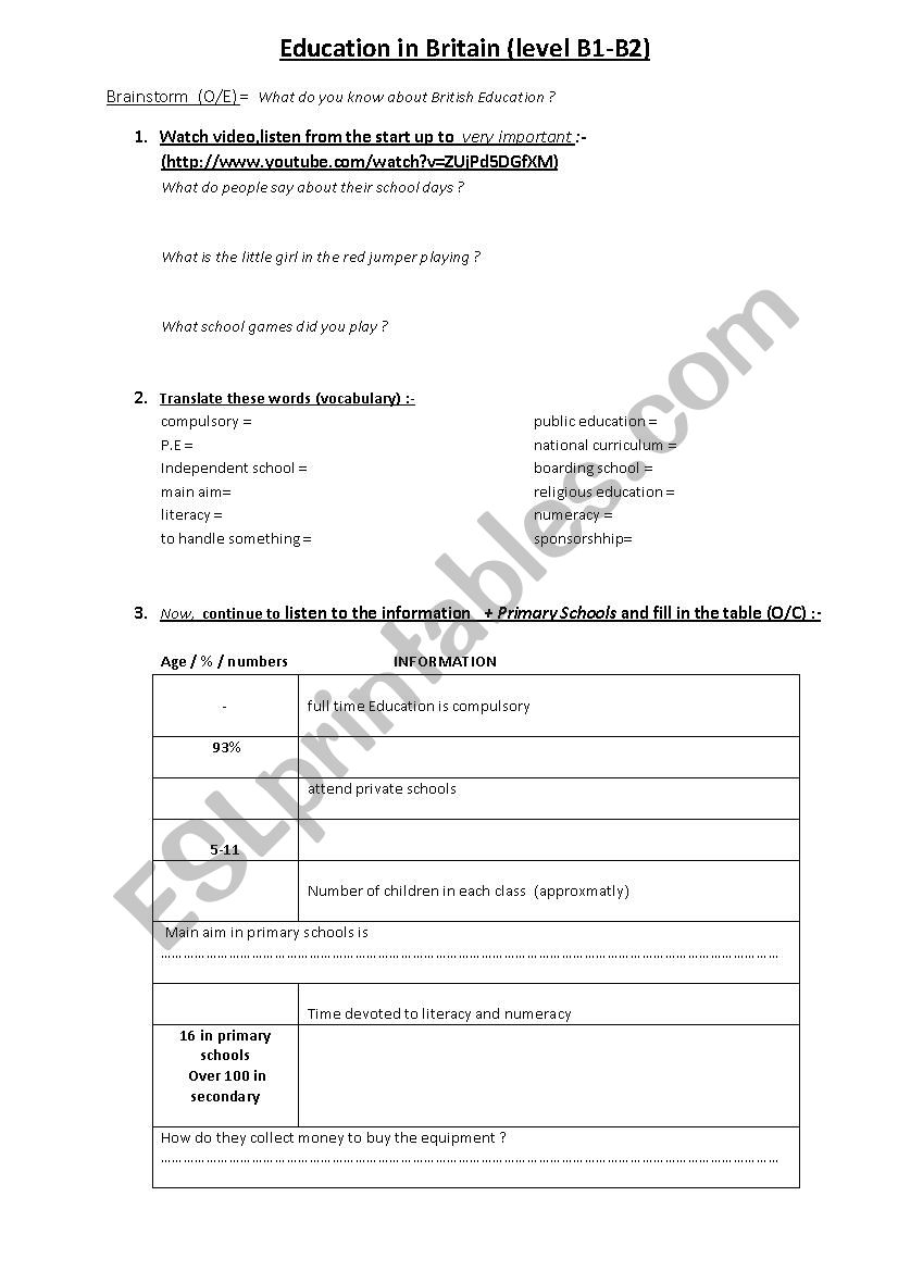 The Education system in Great Britain (WS and Video)