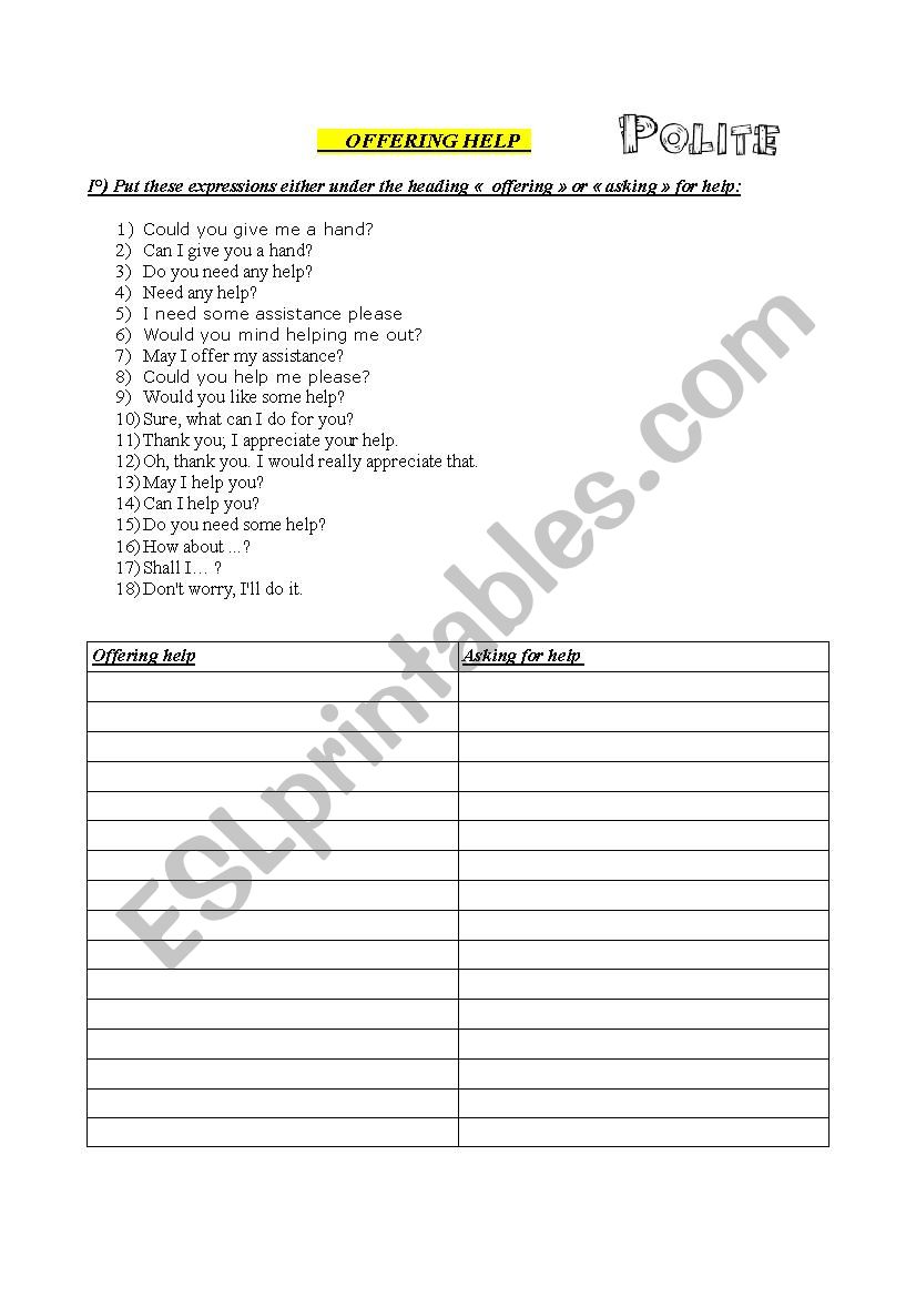 Offering and giving help worksheet