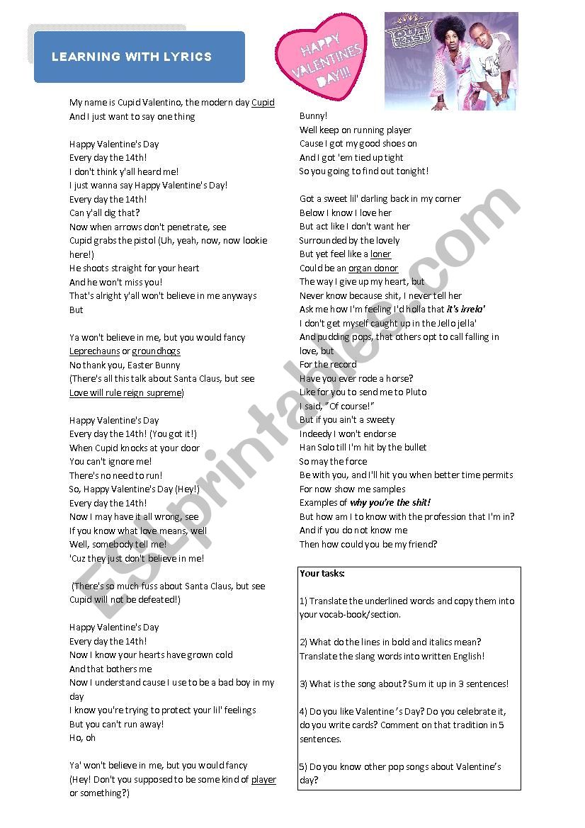 Learning With Lyrics Happy Valentine S Day Esl Worksheet By Evaenglishteacher