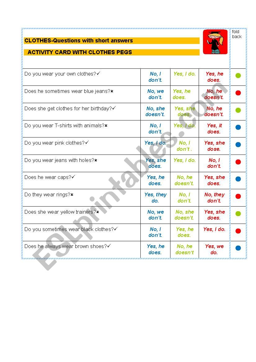 Clothes -short answers - activity card