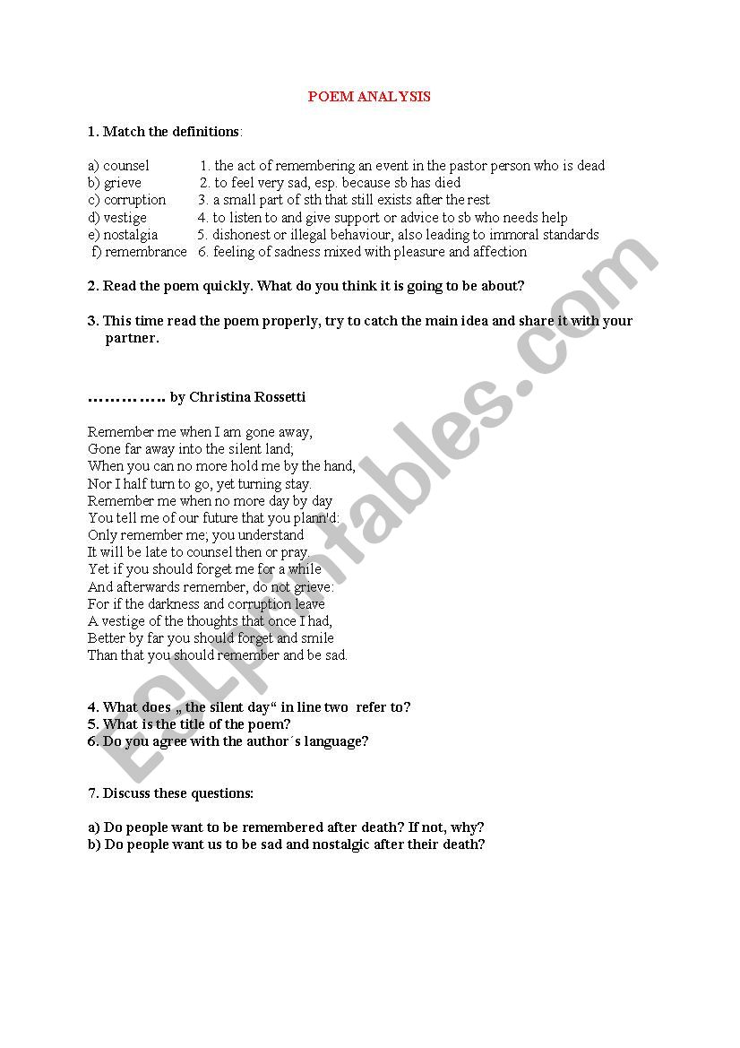 Poem analysis- Remember worksheet