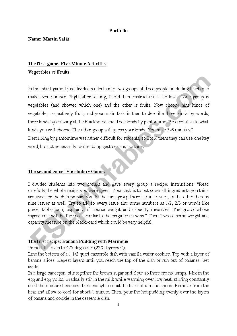 Set of two English game plans worksheet