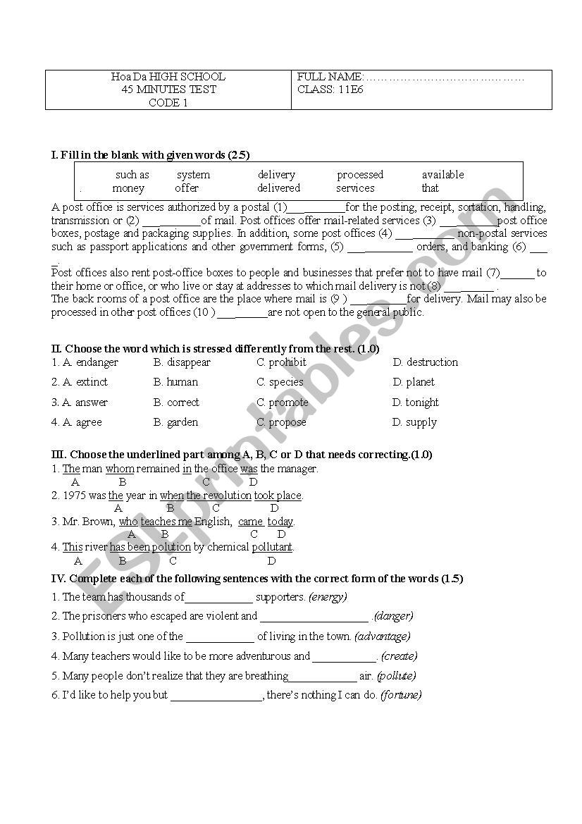 45 munites test worksheet