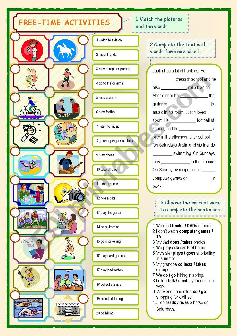 free-time-activities-esl-worksheet-by-eve25