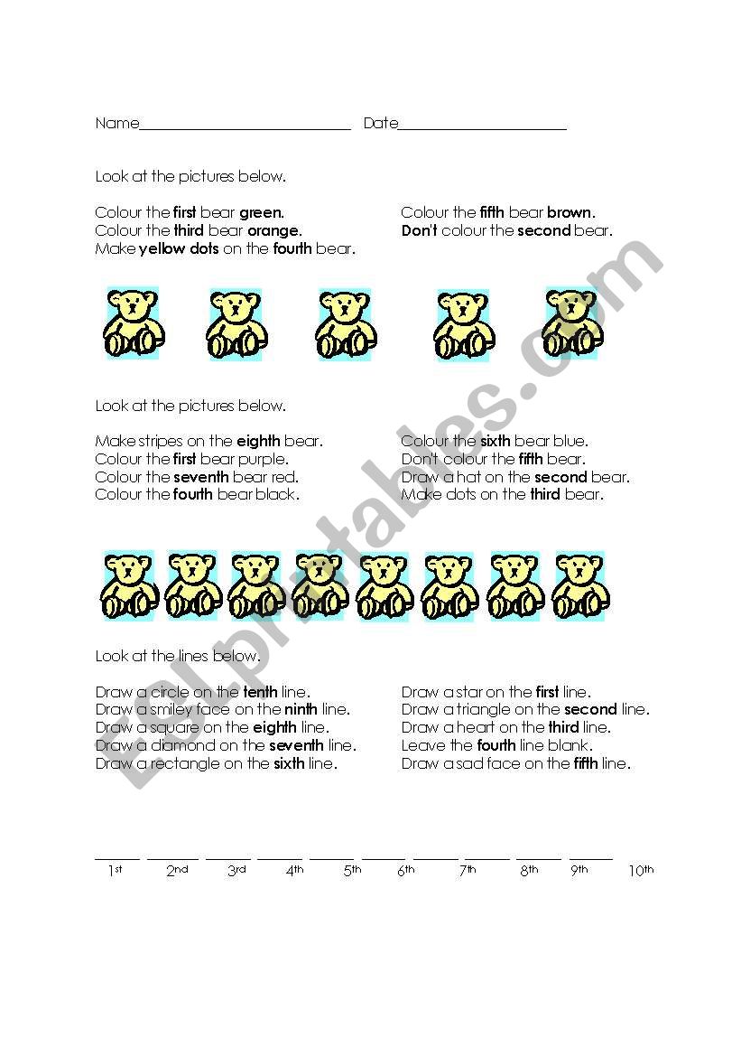 Ordinal Bears worksheet