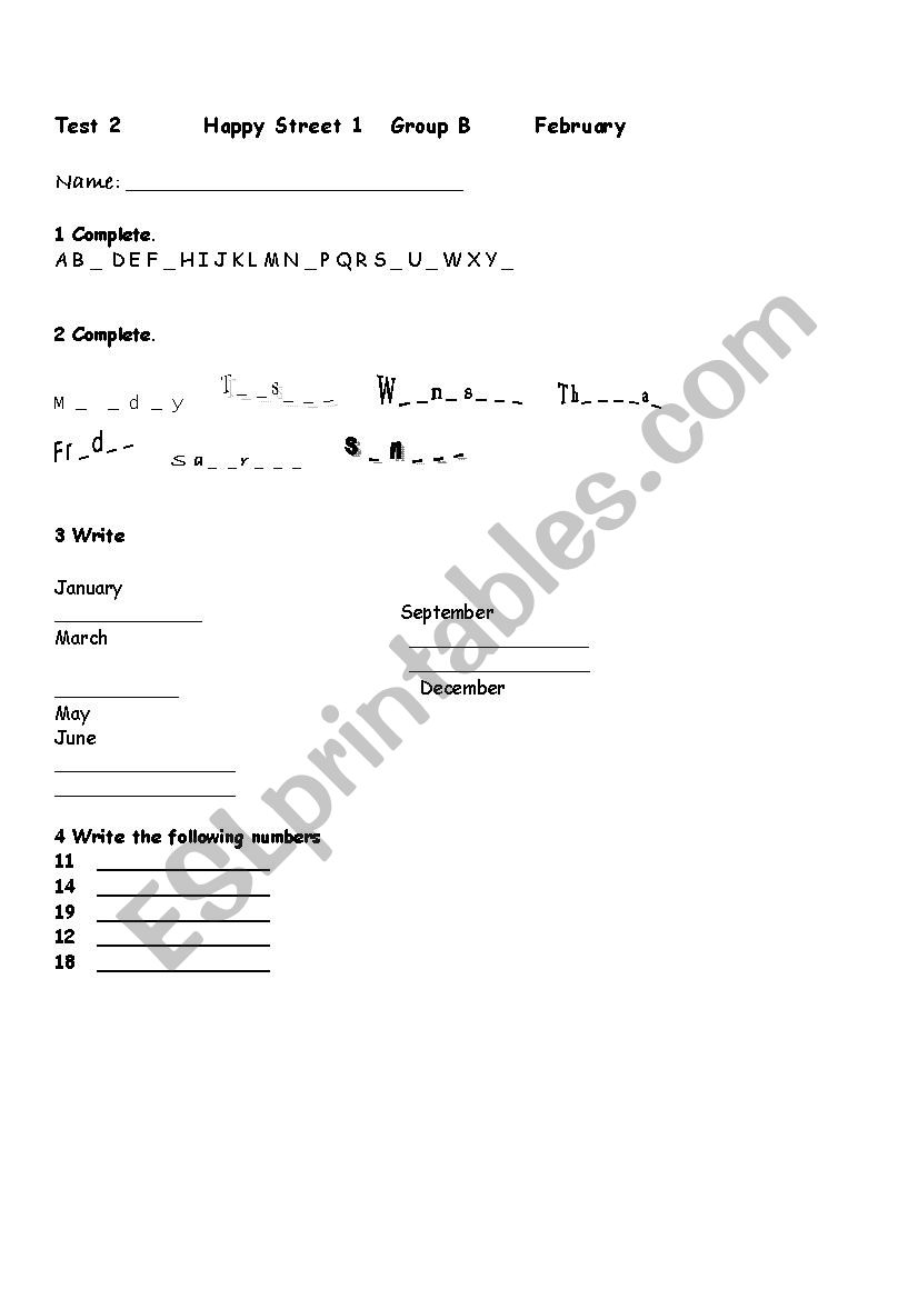 Test on furniture, months, numbers for 3rd graders  group a