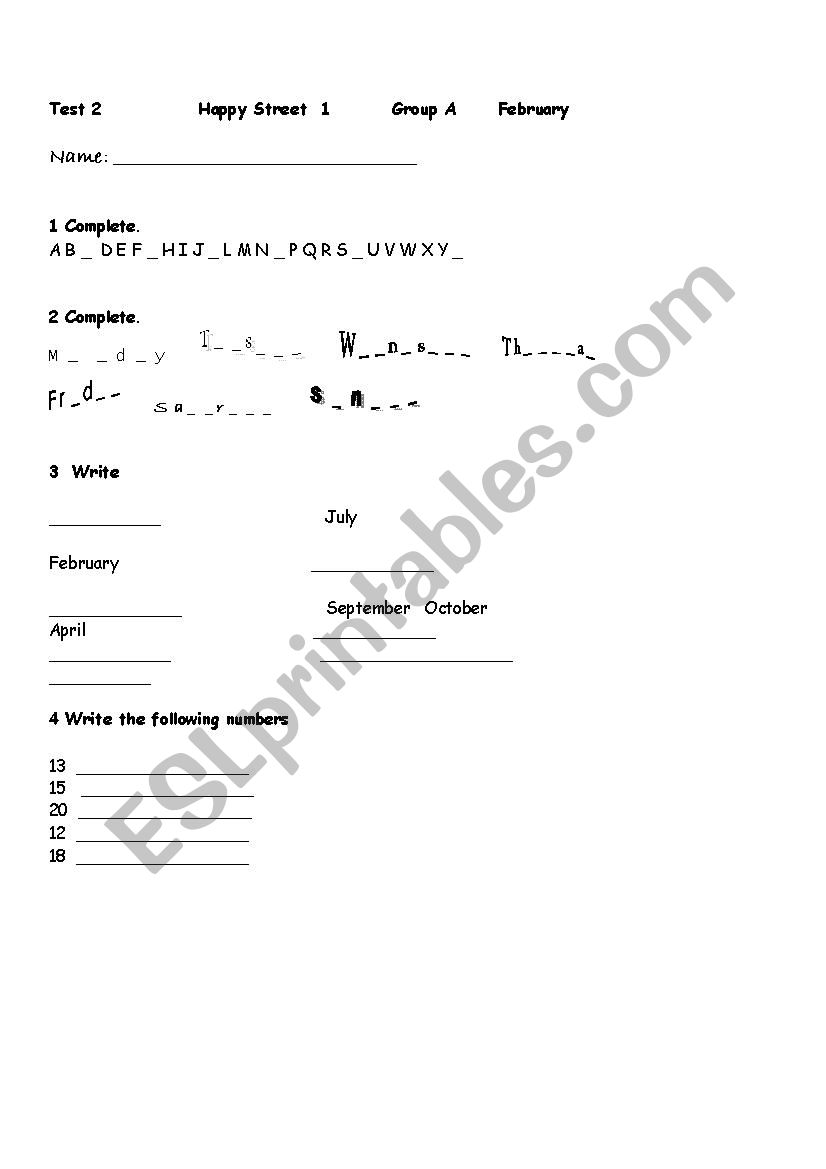 Test on furniture, months, numbers for 3rd graders  group a