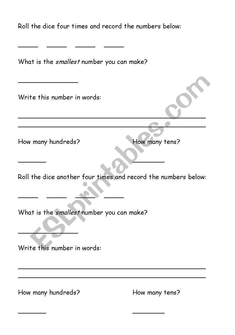 Place Value Dice worksheet