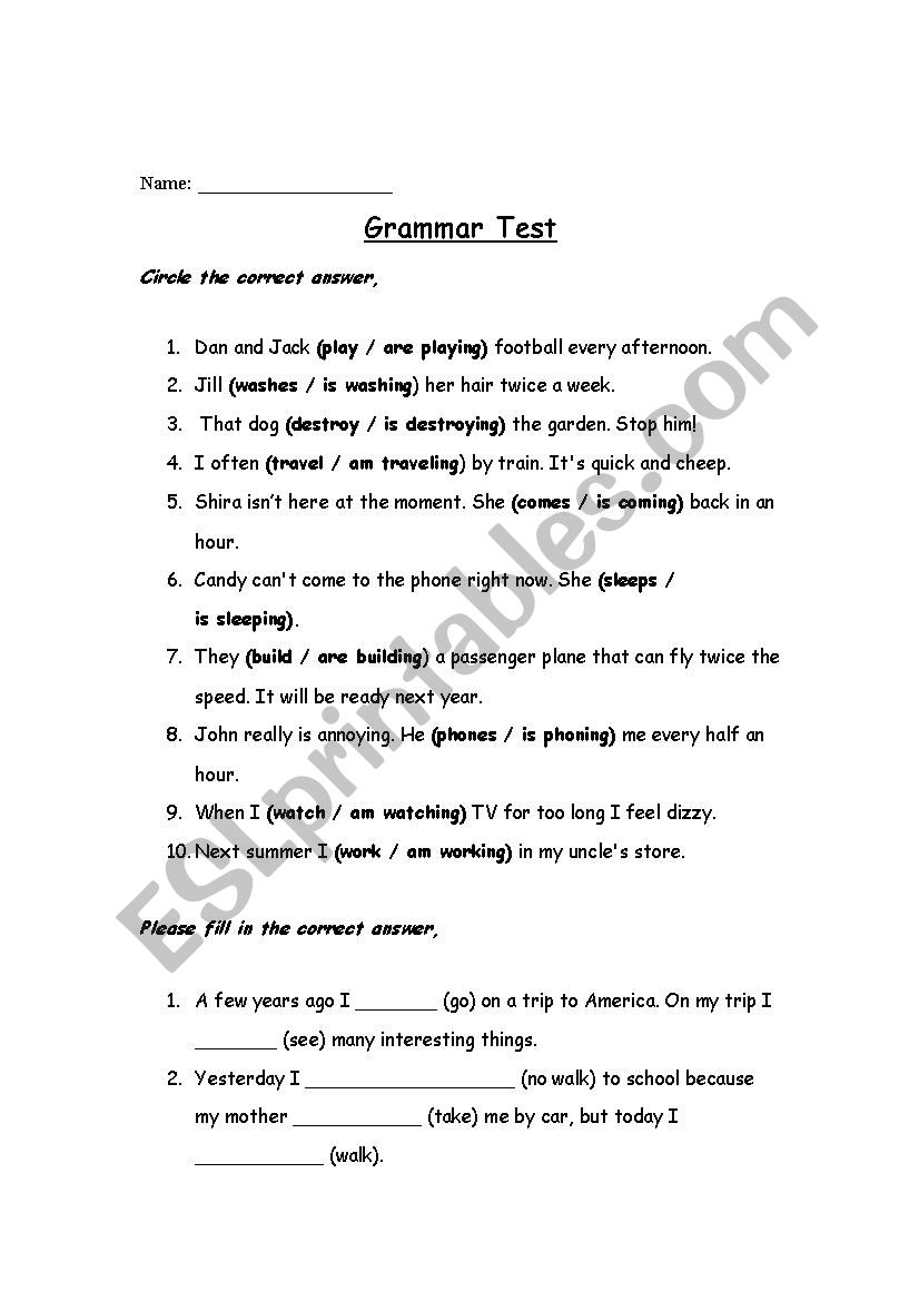 Grammar test worksheet