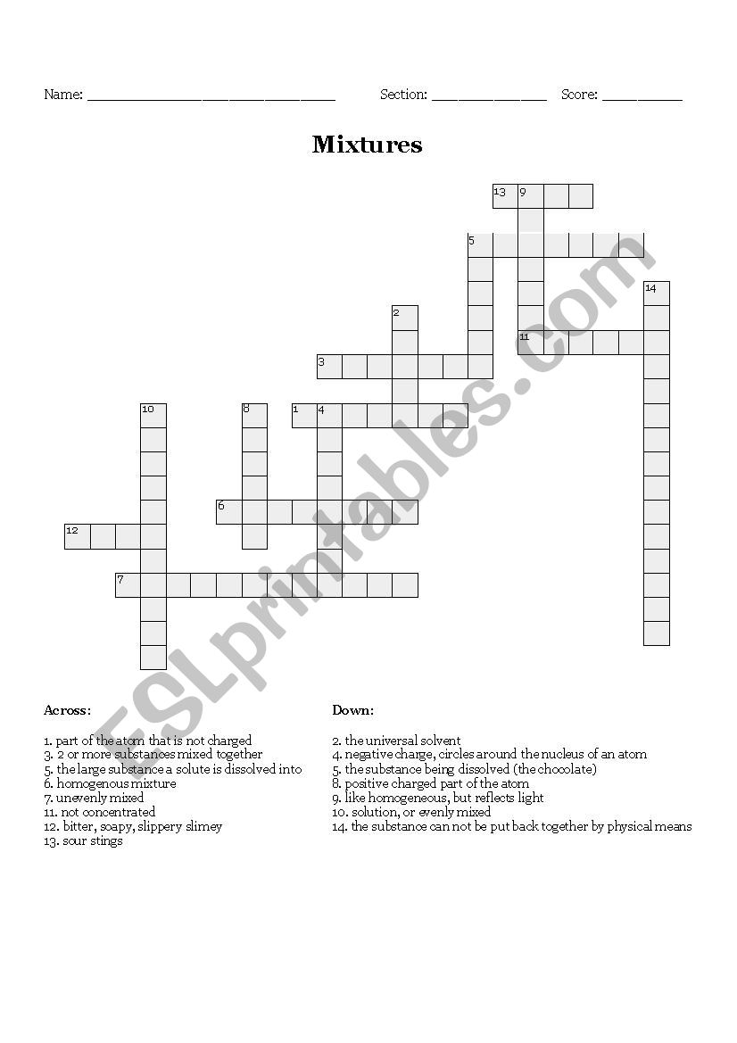 Mixtures Crossword worksheet