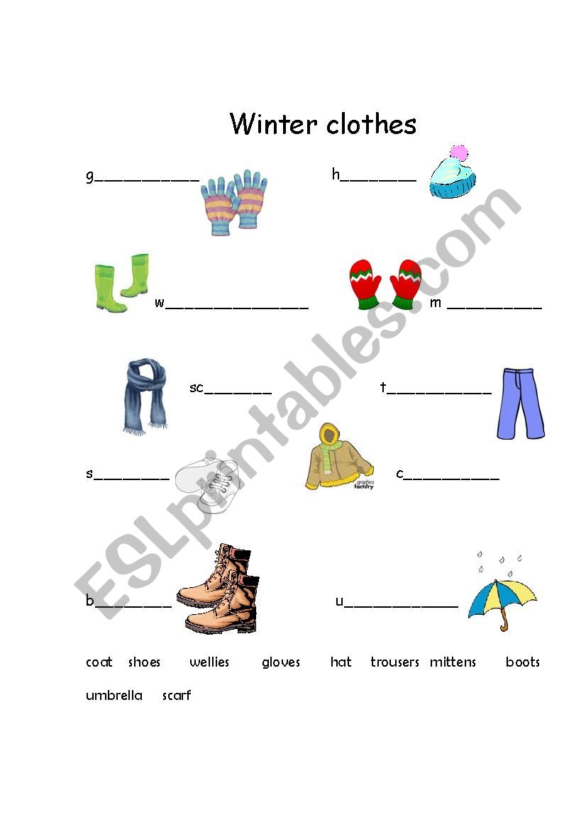 Winter clothes worksheet