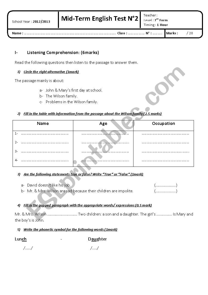 listening comprehension worksheet