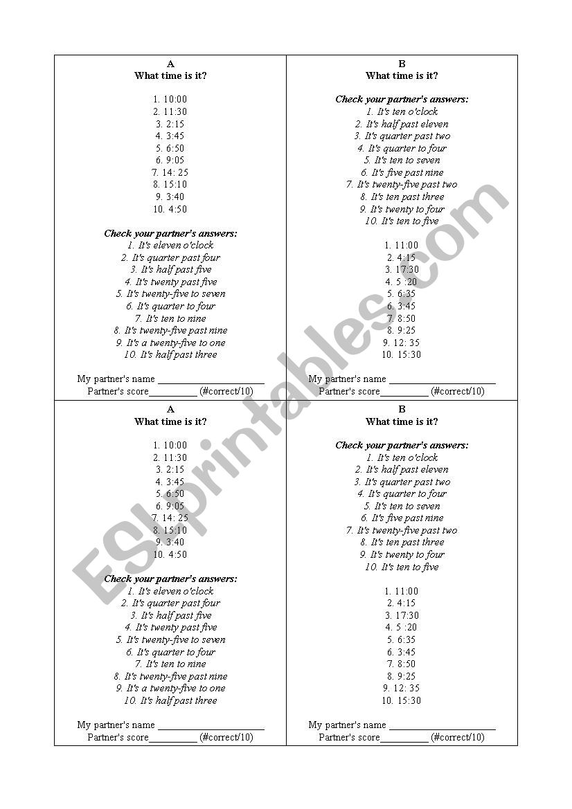 Pairwork: What time is it? worksheet