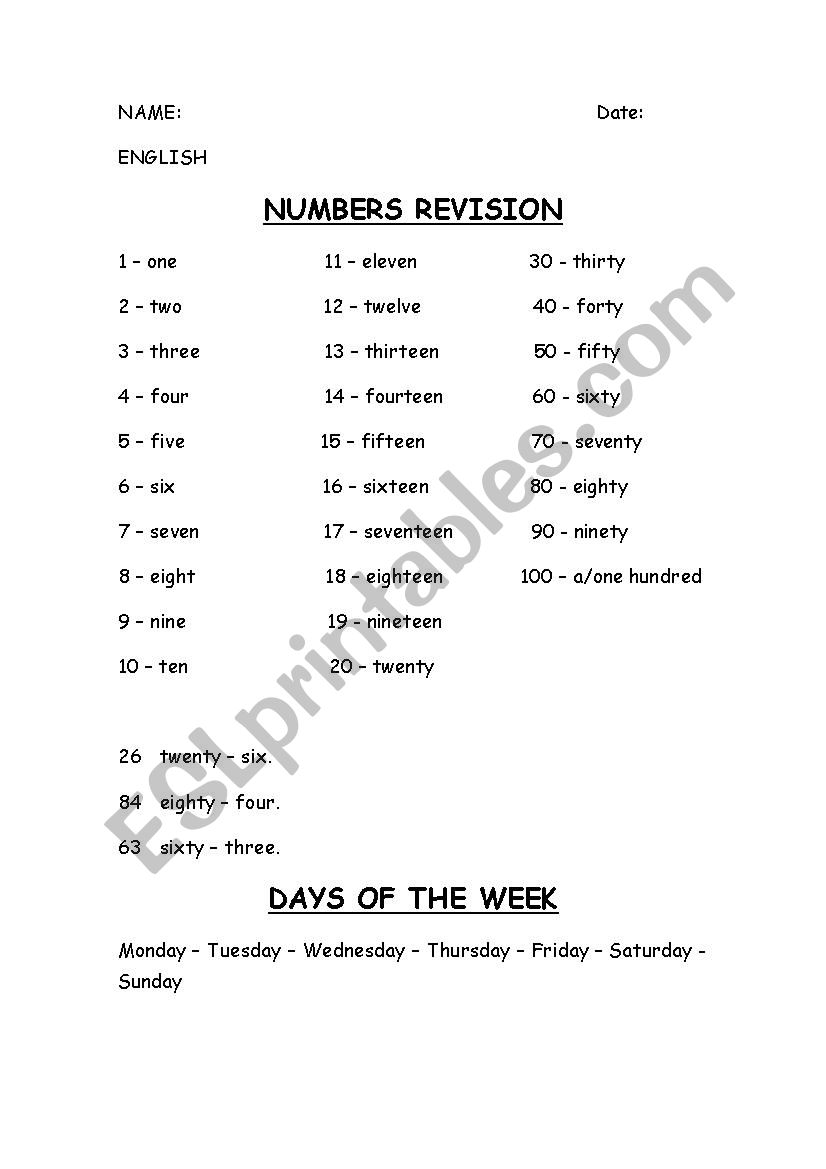 Numbers Revision worksheet