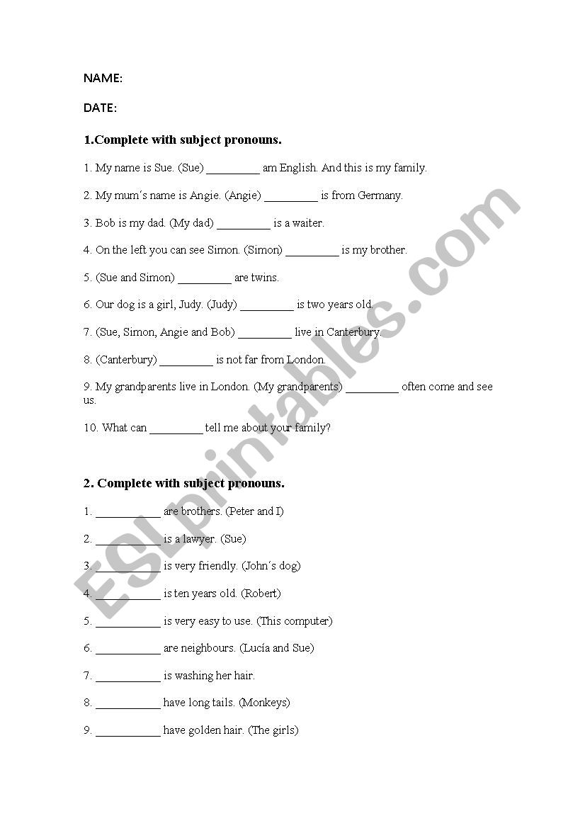 To be and subject pronouns worksheet