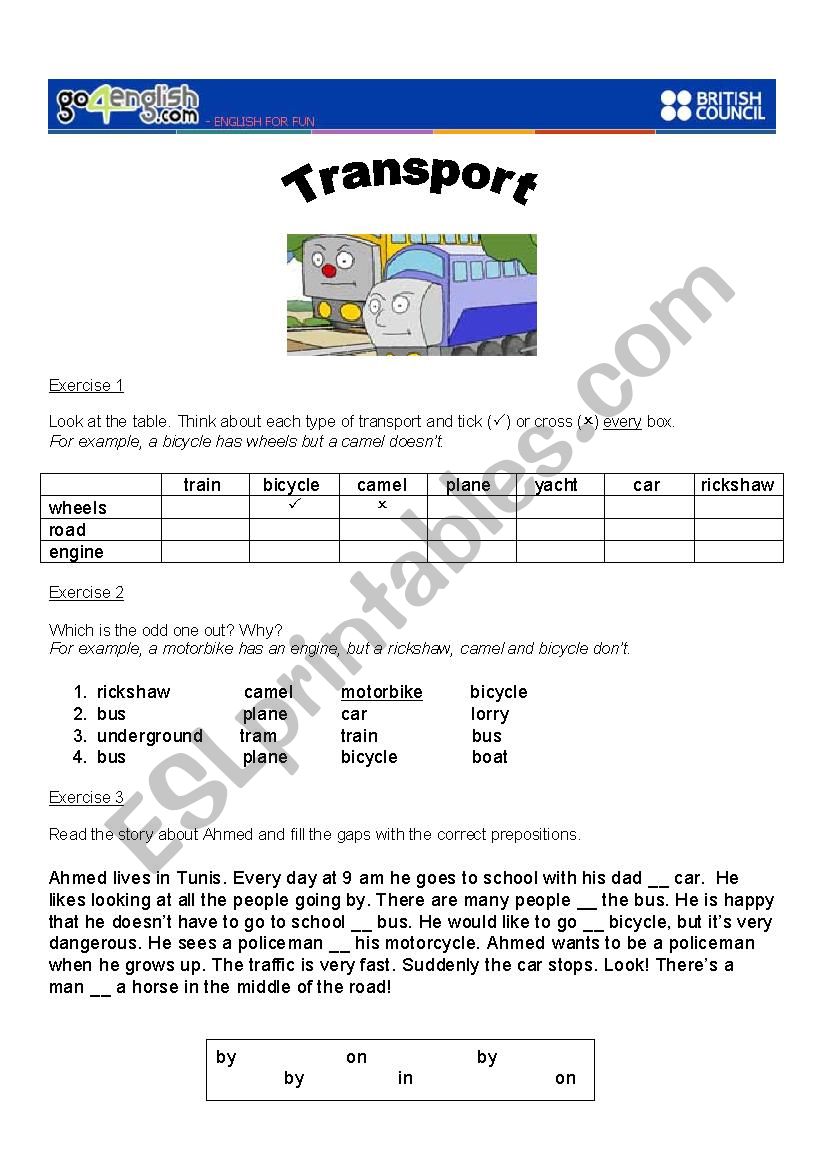 means of transport 8th form worksheet