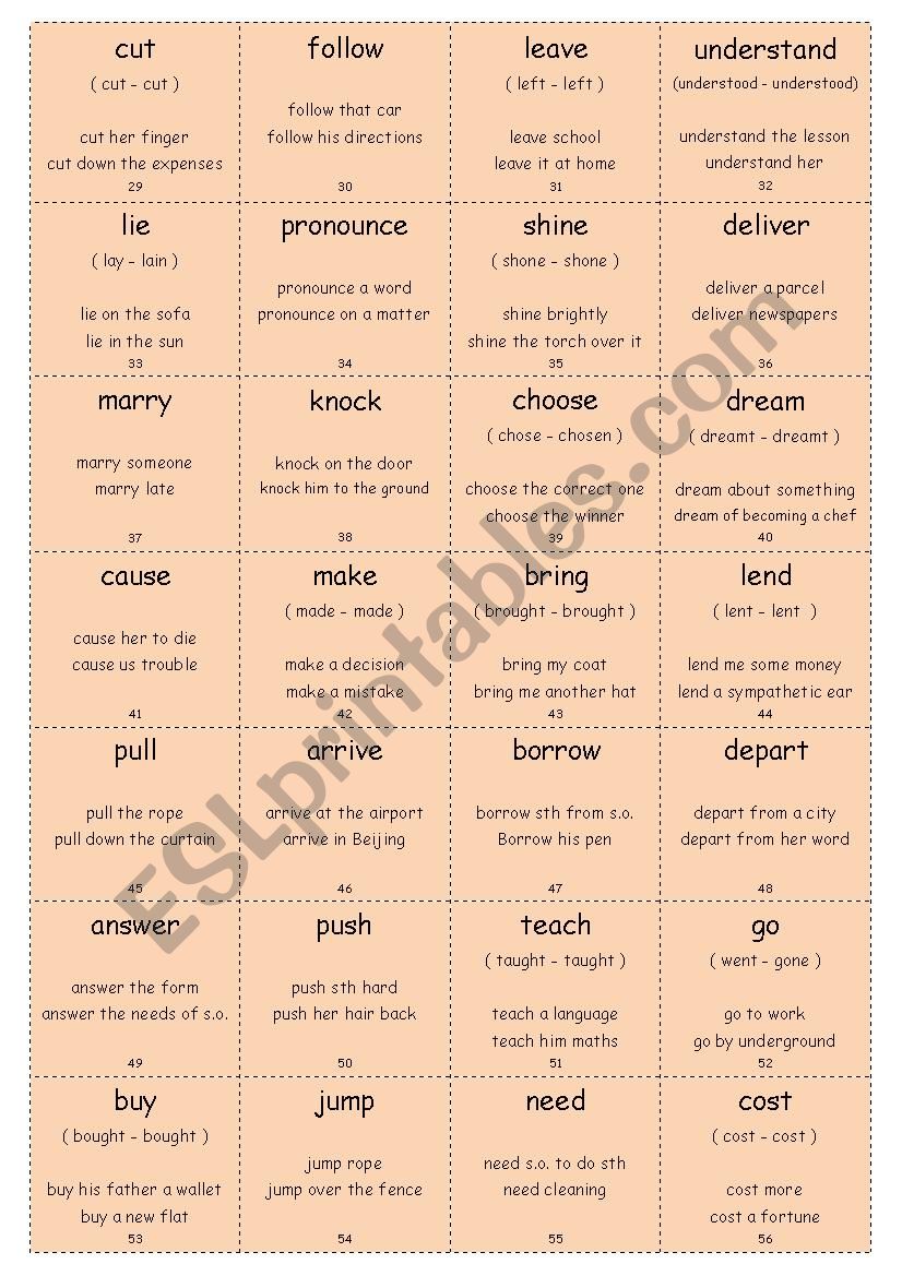 Vocabulary Cards WITH COLLOCATIONS Elementary Set 2 (Verbs 2)