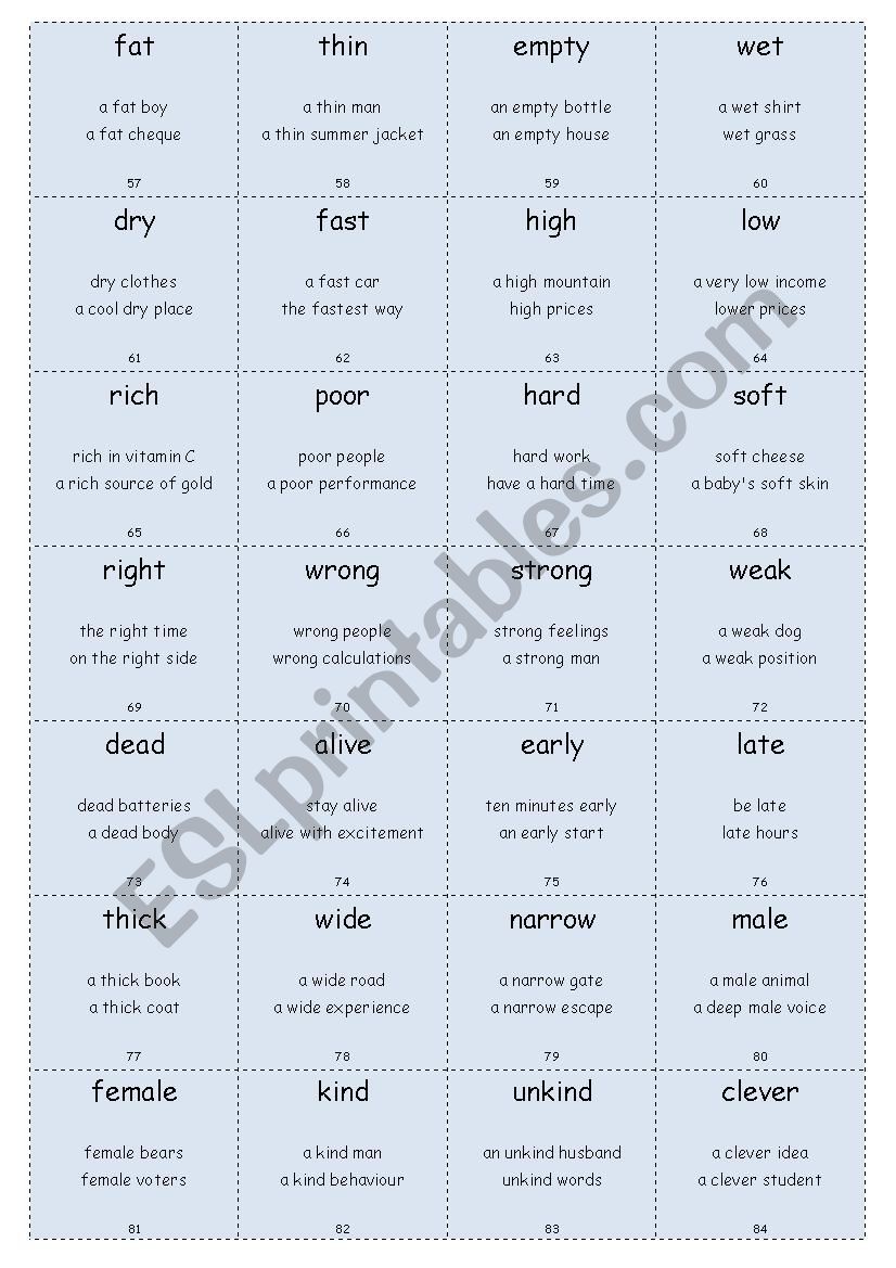 Vocabulary Cards WITH COLLOCATIONS Elementary Set 3 (Adjectives 1)