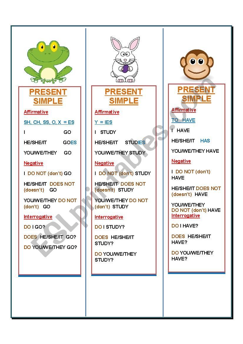 PRESENT SIMPLE  BOOKMARKS worksheet