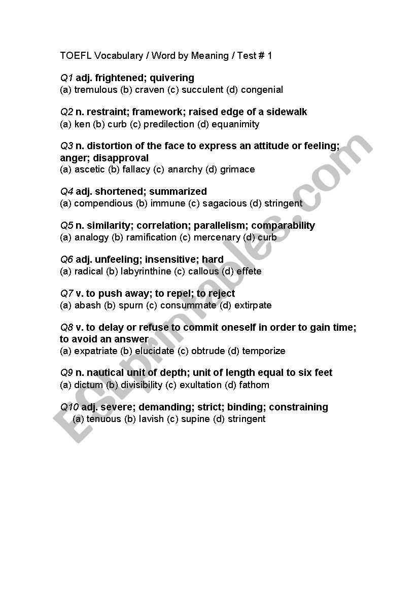 TEOFL Vocab test worksheet