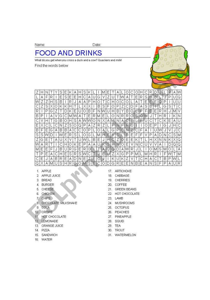 FOOD AND DRINKS WORDSEARCH worksheet