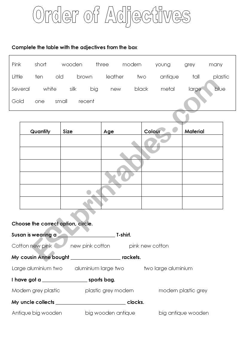 Order of Adjectives worksheet