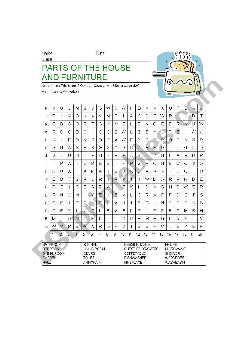 PARTS OF THE HOUSE AND FURNITURE WORDSEARCH