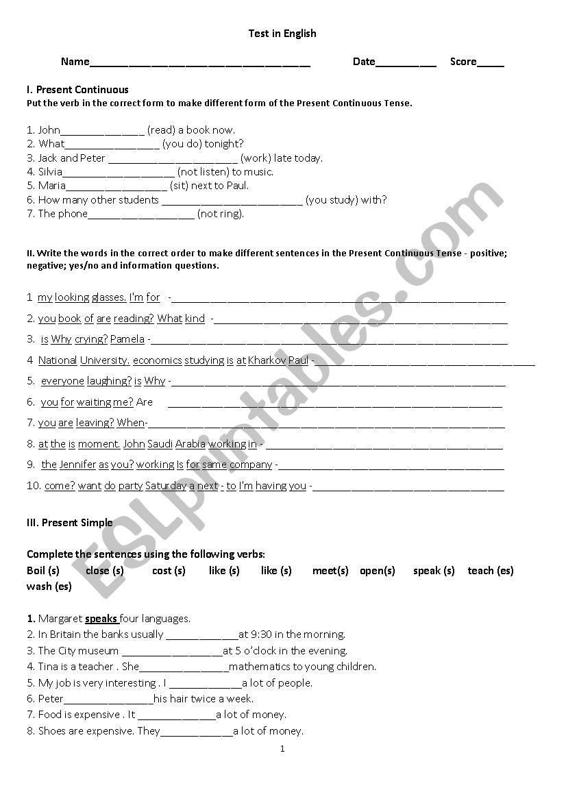 Present Continuous,Present Simple and Simple past Test