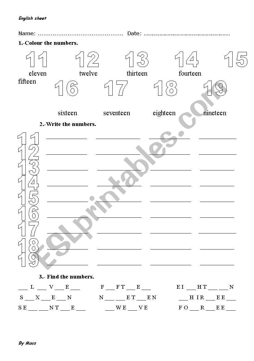 NUMBERS FROM 11 - 20 worksheet