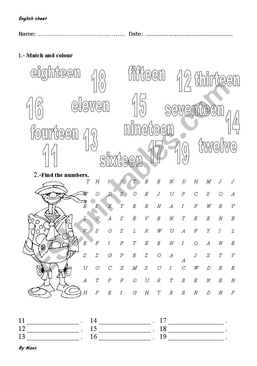 NUMBER FROM 11 - 20 worksheet