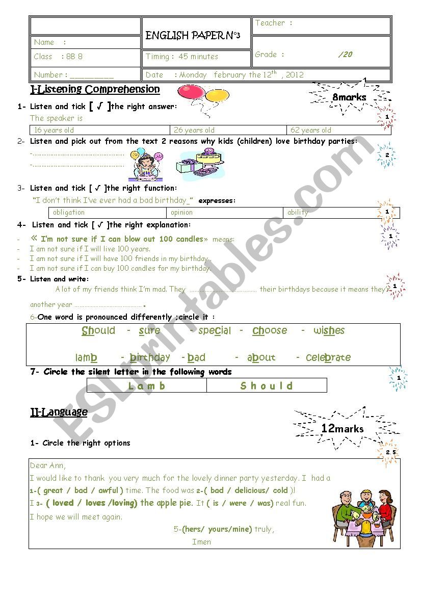 mid term test 2 8th form worksheet