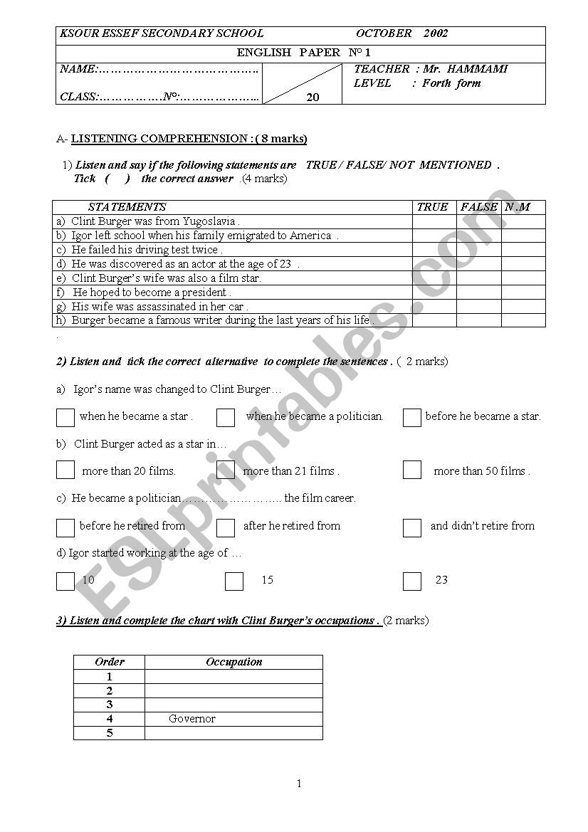  4th form exam paper N1 worksheet