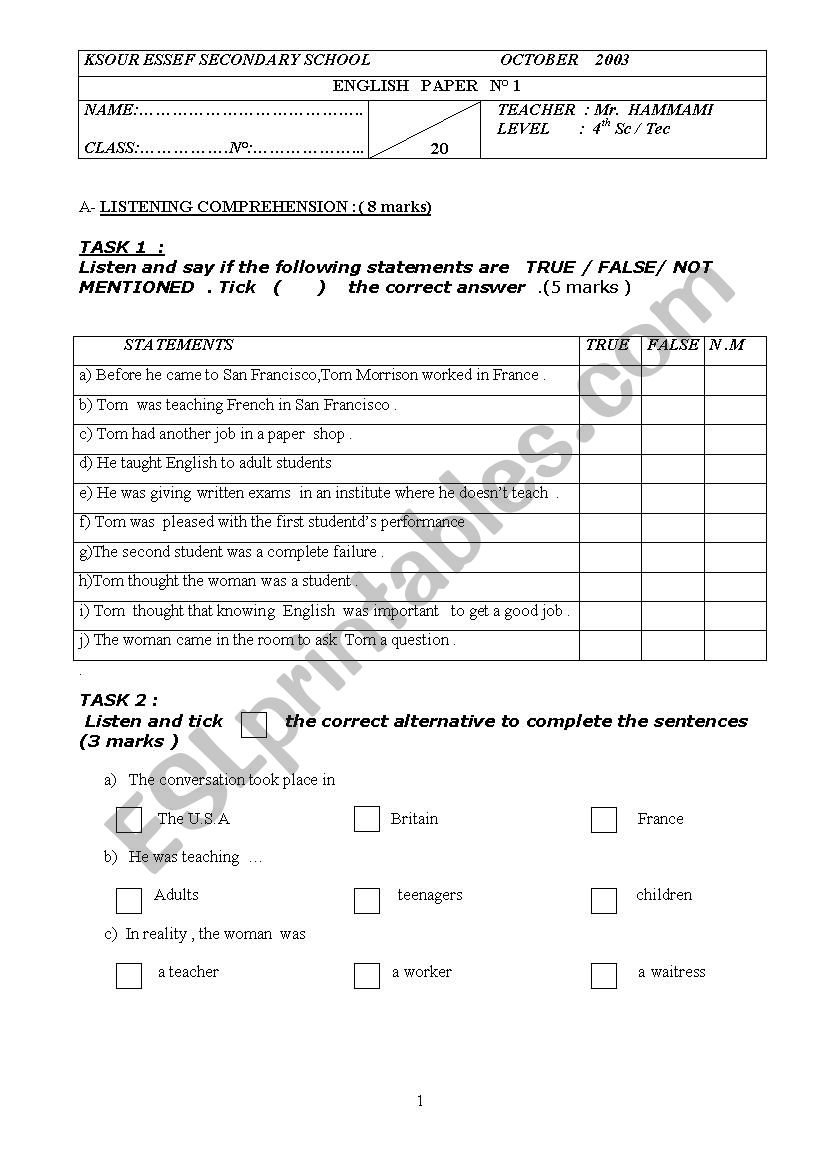 4 th form exam paper N 1 worksheet