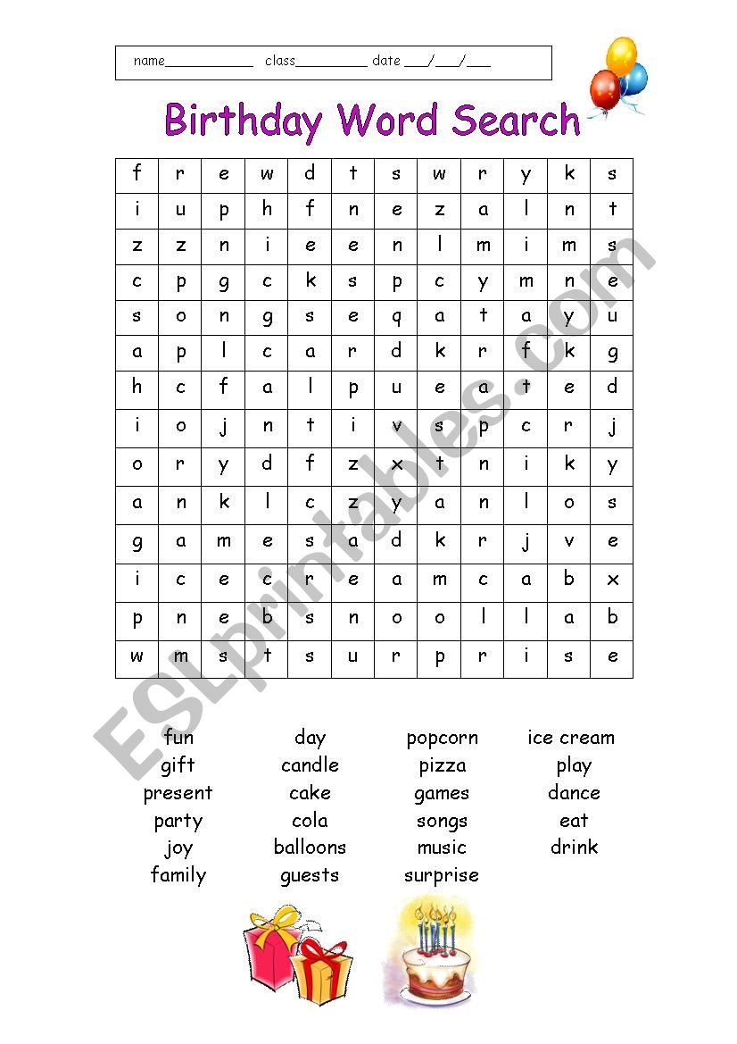 Birthday Wordsearch worksheet