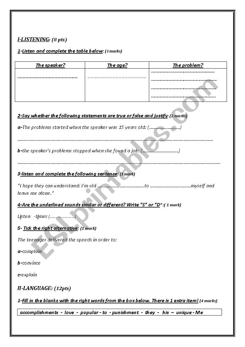 mid-term test 1 3ird year worksheet