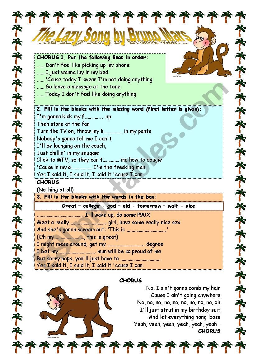 Lazy song worksheet