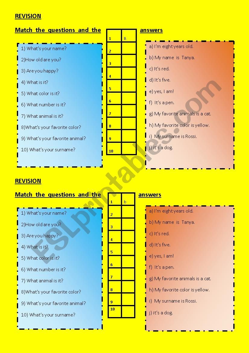 match questions and answers (revison ex)