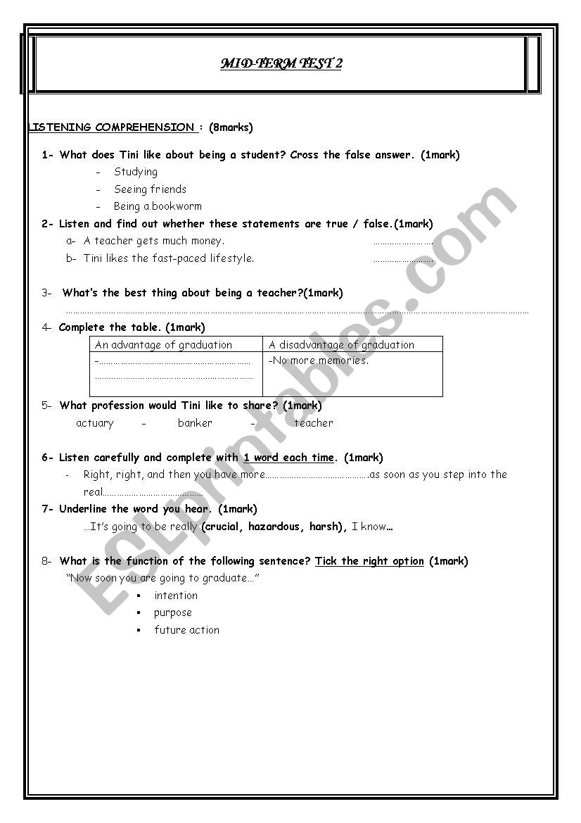 Mid-term Test 2 Bac worksheet