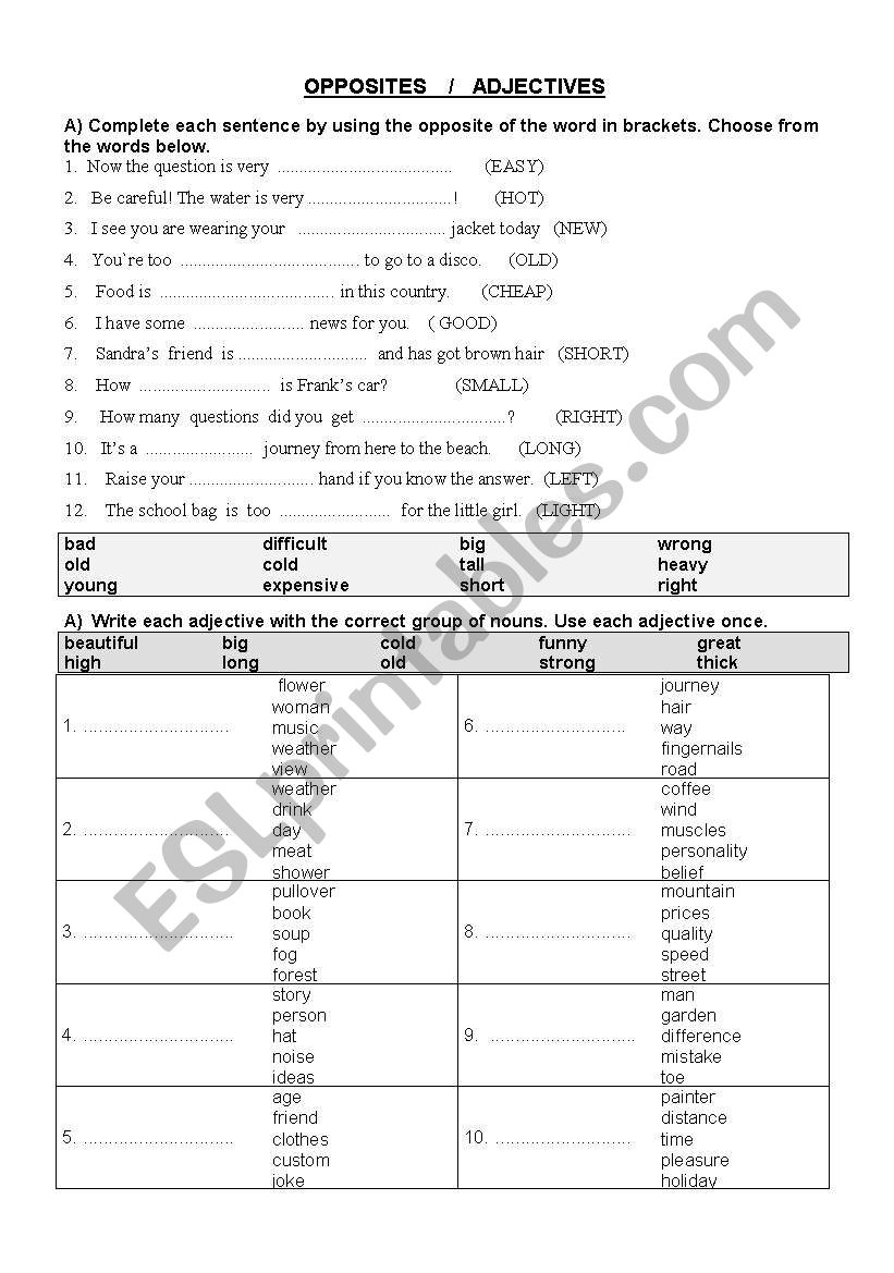 Opposite adjectives worksheet