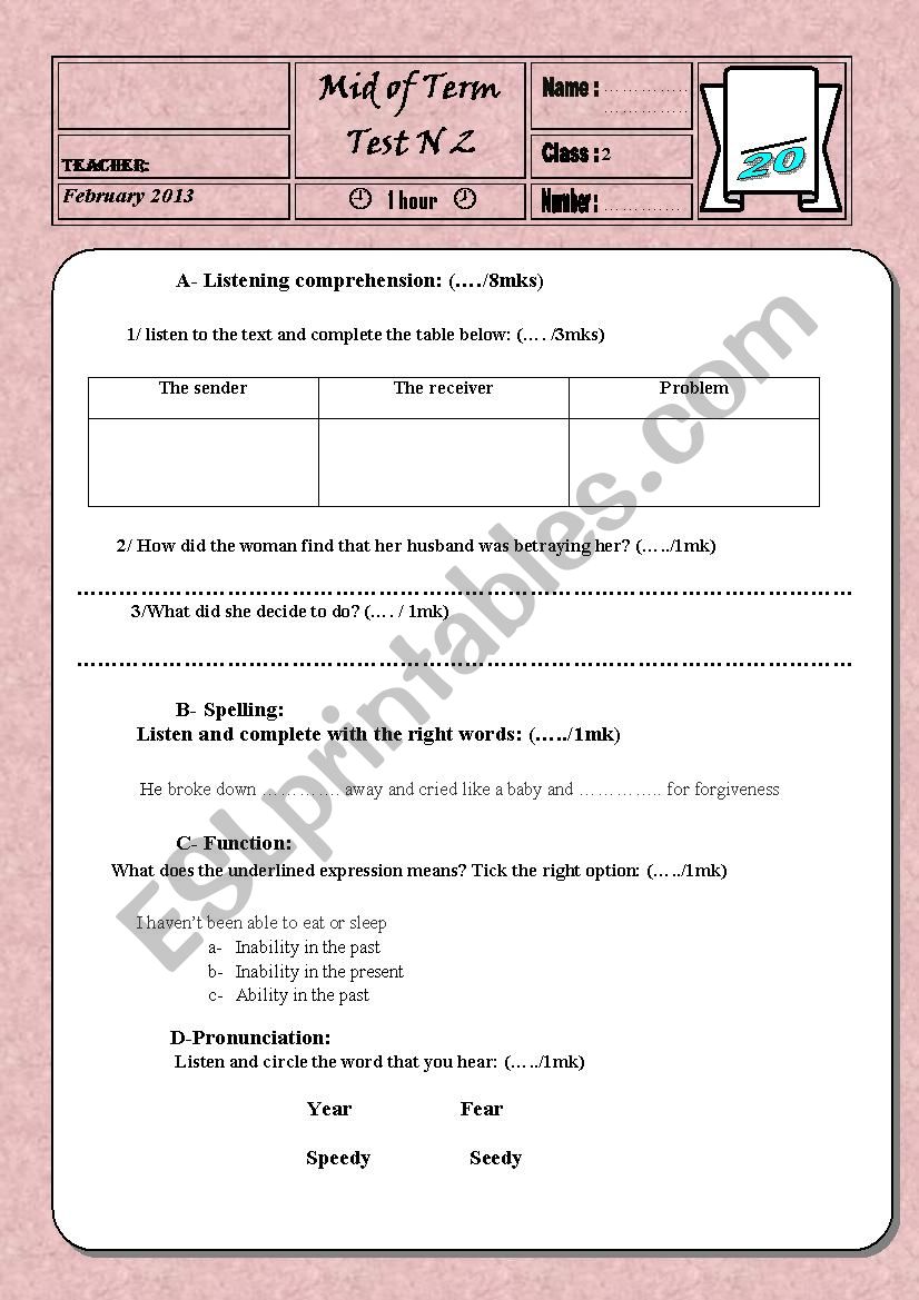 mid second term test worksheet