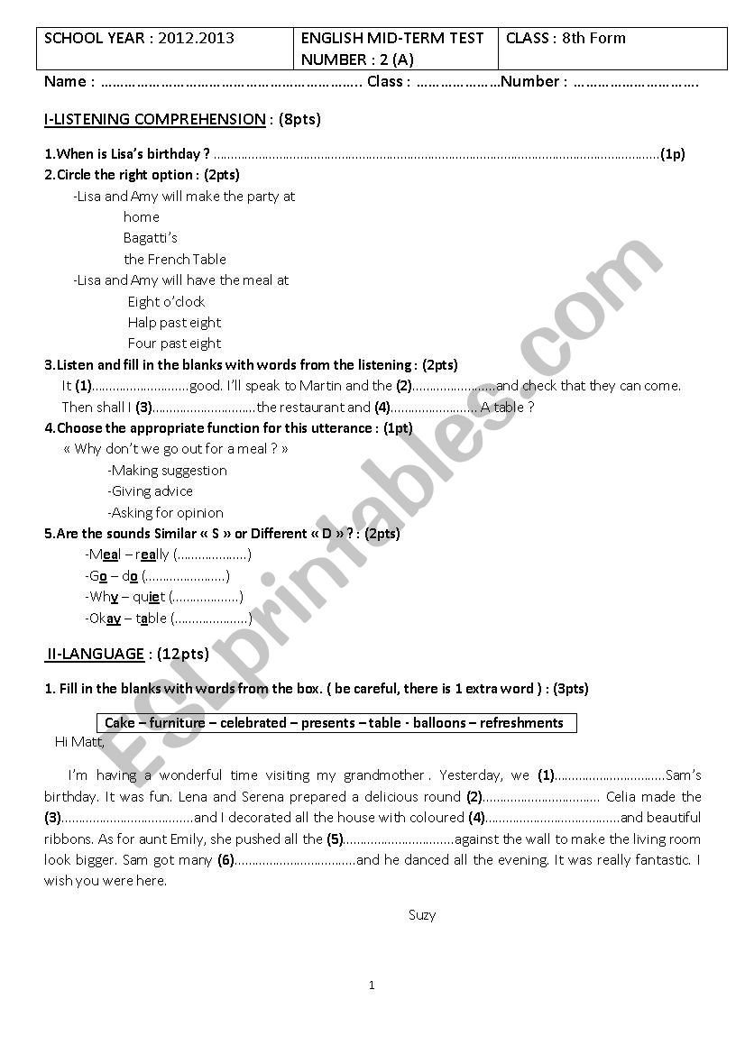 8th mid term Test 2 worksheet