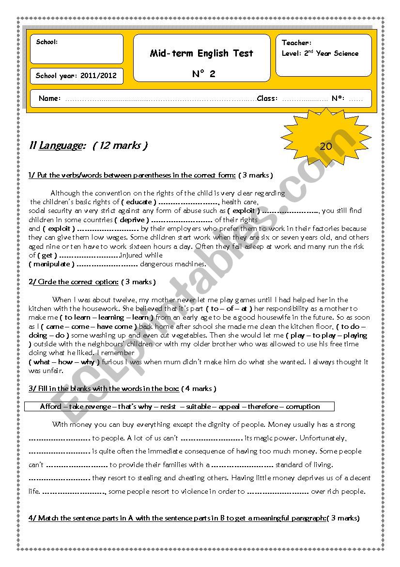 Mid-Term Test N2 worksheet