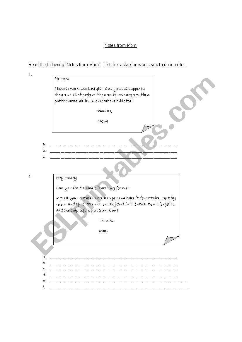 Notes From Mom  worksheet