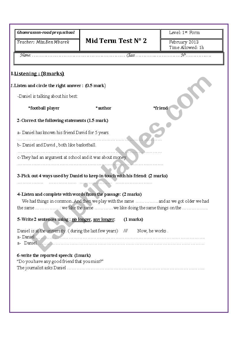 mid-term test 2 first form worksheet