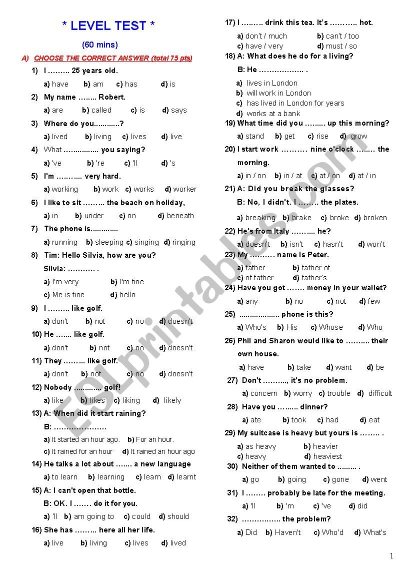 Elementary Level Test and Key worksheet