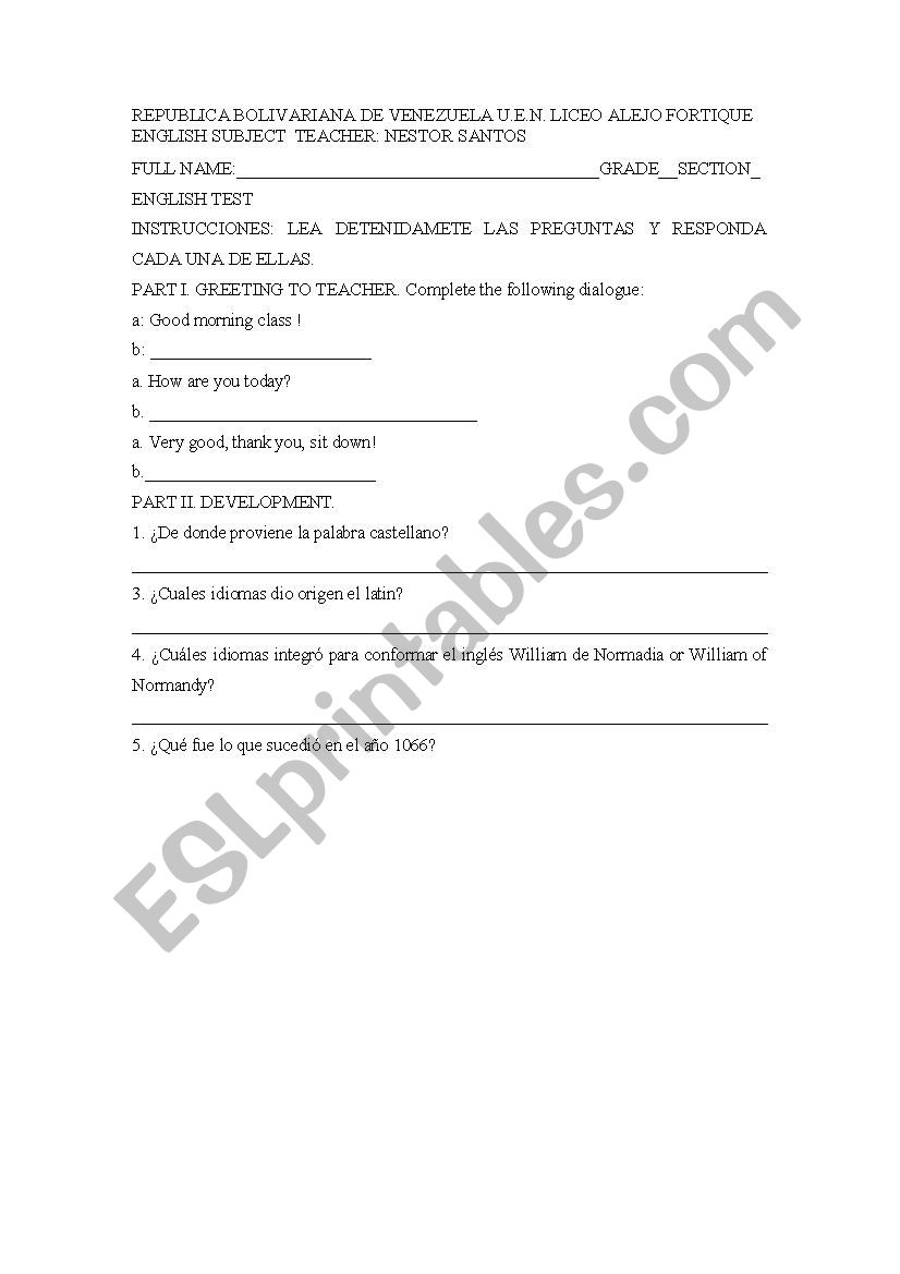 English Test worksheet