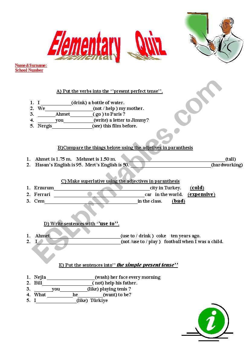 elementary quiz worksheet